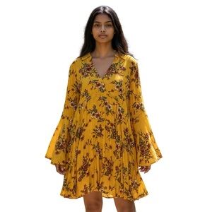 Umgee Hippie Chick Dress Women’s Sz Small Yellow Red Floral Print Boho Tunic